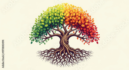 Stylized Tree of Life with Twisted Trunk and Seasonal Gradient Foliage Representing Growth and Change