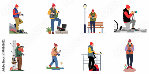 Set of flat vector illustrations featuring male photographers in various outdoor locations, capturing nature and urban scenes with professional camera equipment.