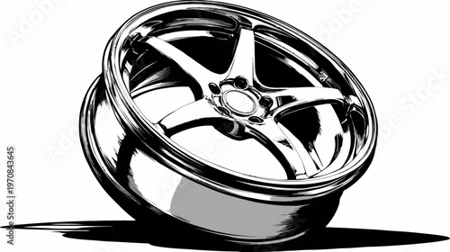 Artistic black and white illustration of a stylized car wheel with a modern, sporty design