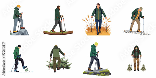 Collection of eight flat vector illustrations depicting various men hiking and trekking with walking poles in different outdoor environments.