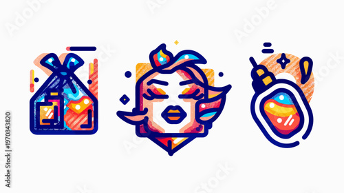 A vibrant graphic design displaying three colorful icons a gift bag, a face, and a perfume bottle