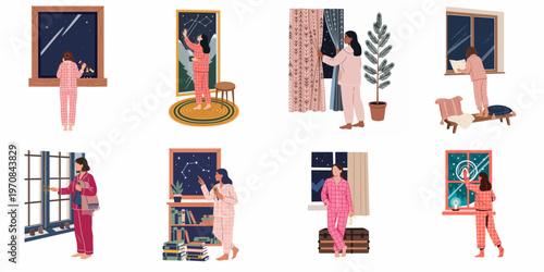 Collection of cozy illustrations depicting women in pajamas engaged in various nighttime activities by their windows, including stargazing, reading, and relaxing at home.
