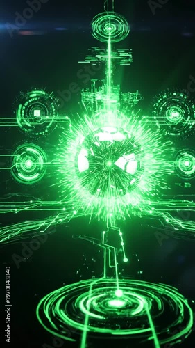 Wallpaper Mural Technology A futuristic ai agent is connected to various digital functions through glowing green network, representing advanced and automation scene 2 with distortion, overlay, glitch, static noise Torontodigital.ca