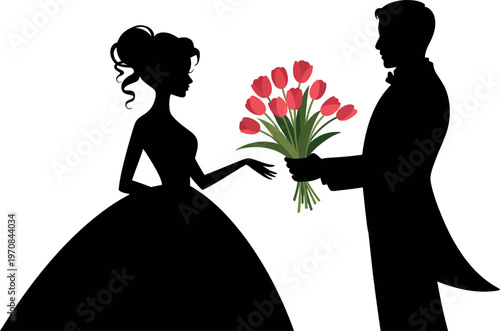 Couple exchanging bouquet of red tulips in elegant wedding attire