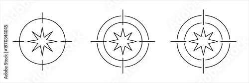 Three line art icons of a star within concentric circles and crosshairs Keywords: icon, star, compass, target, crosshair, concentric circles