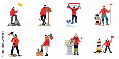 Collection of eight diverse male mountaineer and hiker characters in outdoor adventure poses with equipment like flags, maps, ropes, and backpacks.
