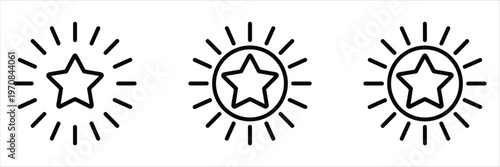 Three line art icons of a shining star within a circle and radiating lines Keywords: icon, star, shining, radiant, sparkle, burst, circle