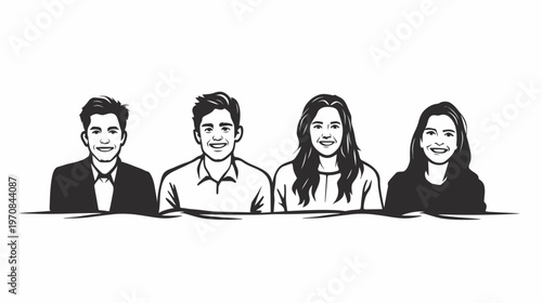 A monochrome illustration showcasing four smiling individuals in the upper-body view