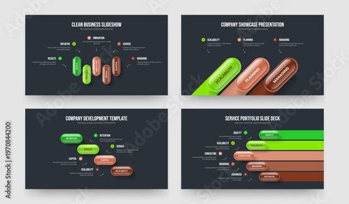 Consulting Strategy 5 3 4 Element Infographic Slide Template Set. Project Introduction Five Three Four Option Diagram Presentation Design Vector Illustration Bundle.