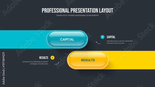 Corporate Showcase Slide Template Vector Illustration. Modern Overview 2 Element Infographic Slideshow Layout. Company Planning Two Step Diagram Presentation Design.