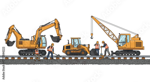 Multiple construction workers and heavy machinery are actively engaged in building a railway track on a gravel bed against a clean white background.
