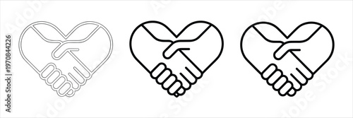 Three Heart Handshake Icons in Outline and Solid Styles shaking partnership