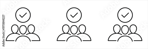 Three Groups of People Icons with Checkmarks in Circles Representing Approval and Agreement vector illustration
