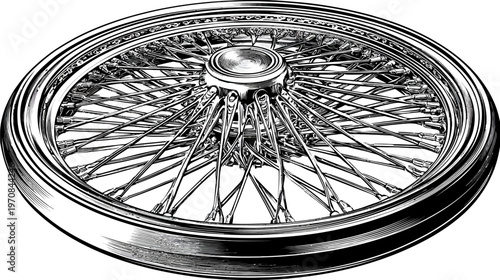 A detailed, stylized black-and-white depiction of a classic spoked wheel, isolated on white