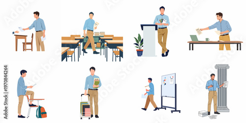Set of flat vector illustrations depicting a male teacher in various educational scenarios, including conducting exams, lecturing, and managing classroom activities.