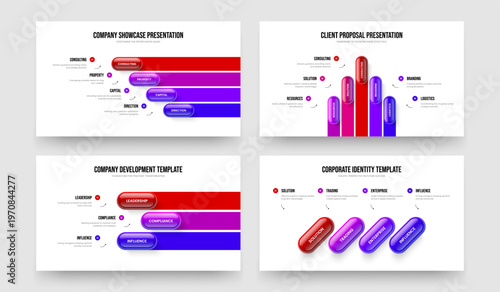 Business Review Four Five Three Option Infographic Slide Layout Vector Illustration Collection. Investor Overview 4 5 3 Step Diagram Presentation Template Set.