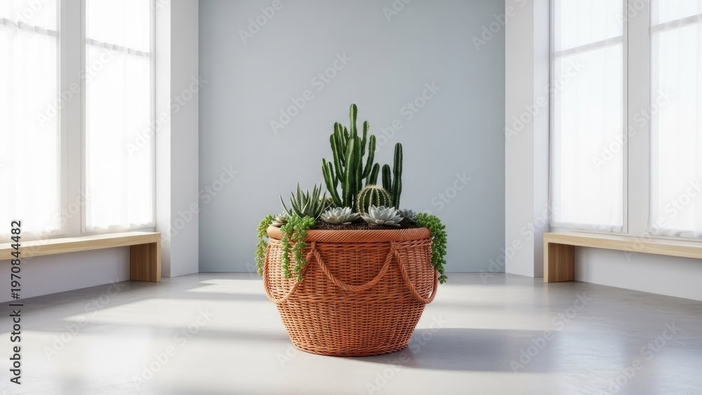 Fototapeta premium A large cactus and succulent arrangement in a woven basket on a white floor