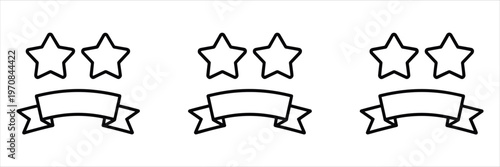 Three line art icons of two stars above a ribbon banner Keywords: icon, stars, ribbon, banner, award, rating, ranking, success, achievement