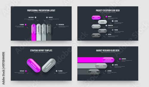 Creative Strategy 4 5 2 3 Element Diagram Slide Design Set. Consulting Proposal Four Five Two Three Step Infographic Slideshow Template Vector Illustration Bundle.