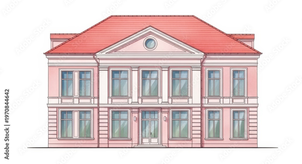 Fototapeta premium Pink house with red roof and white details