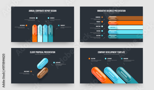 Market Strategy Four Five Two Three Option Diagram Frame Design Vector Illustration Collection. Corporate Analysis 4 5 2 3 Element Infographic Presentation Layout Set.