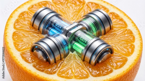 Futuristic Blue Energy Batteries Inside a Sliced Fresh Orange Fruit