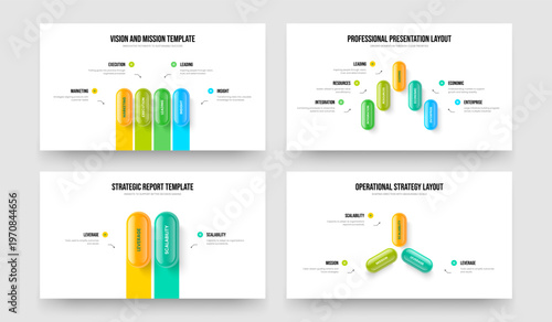 Sales Report Four Five Two Three Element Infographic Slide Design Vector Illustration Set. Enterprise Innovation 4 5 2 3 Option Diagram Presentation Layout Collection.