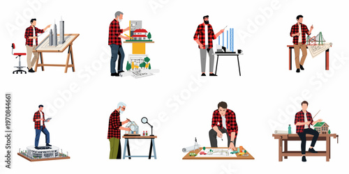 Collection of male architects and engineers in plaid shirts working on diverse architectural models, blueprints, and urban planning projects in a studio.