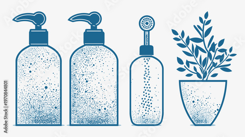 Graphic art of containers and a potted plant in shades of blue with a dotted texture, on a white background