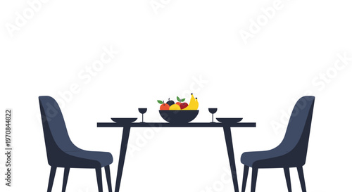 Simple dining table setting for two with a fresh bowl of fruit and two glasses of red wine against a clean white background.