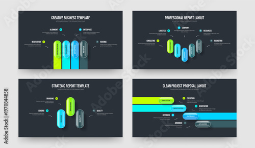 Professional Profile 4 5 3 Step Diagram Slide Template Collection. Creative Forecast Four Five Three Element Infographic Presentation Design Vector Illustration Set.