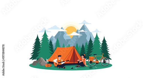 Happy couple enjoying outdoor camping in the forest with a tent, bicycle, and guitar against a scenic mountain sunset backdrop.