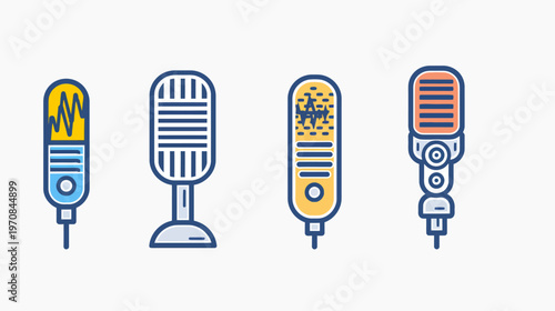 Four stylized microphones in various shapes and color schemes, each with different visual elements