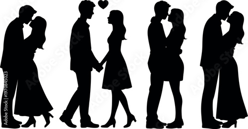 Couples in various romantic and affectionate poses silhouette style