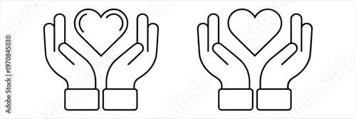 Two Line Icons of Hands Cupping a Heart Shape on White Background holding love