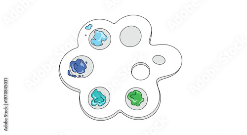 White plastic artist palette with several wells filled with various shades of blue, green, and turquoise paint for creative art projects.