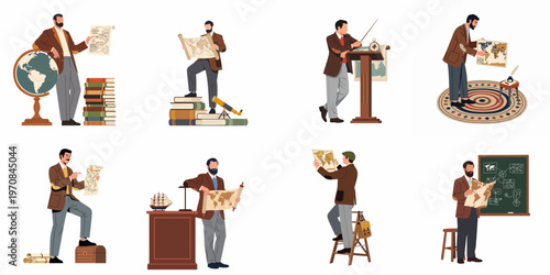 Collection of Victorian-style historians and explorers studying vintage maps, globes, and books in various academic and adventurous poses.