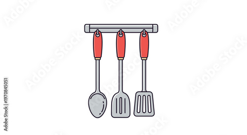 Set of three stainless steel kitchen utensils with red handles including a spoon and spatulas hanging neatly on a wall rack.