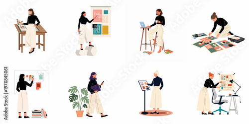 Collection of flat illustrations showing a female creative professional working on design projects, planning, and various office tasks in a modern workspace.
