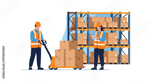 Professional warehouse employees wearing safety gear moving stacked cardboard boxes with a pallet jack in a large distribution center.