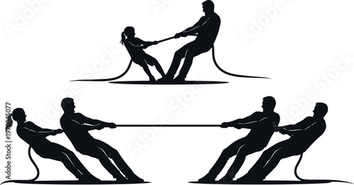 Black Silhouette Vector Illustration of People Playing Tug of War Competition Including a Father and Daughter and Two Teams Pulling Rope for Teamwork Concept