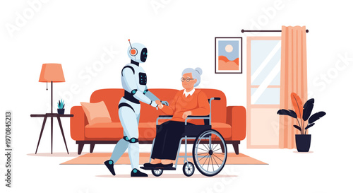 Advanced domestic robot providing personalized care and assistance to a senior woman in a wheelchair within a comfortable home setting.