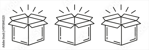 Three Open Cardboard Boxes with Rays Emitting from Inside Symbolizing Delivery or Surprise package