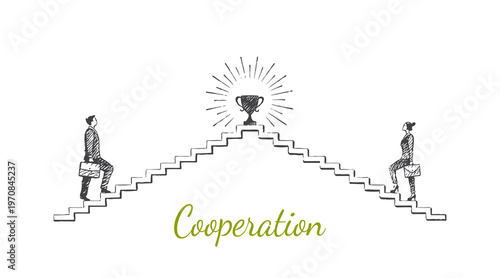 Cooperation - business people moving toward one goal