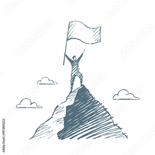 Victory - person holding a flag on the mountain peak