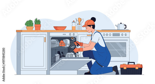 Professional female repair technician in a blue uniform kneeling to inspect and fix a household dishwasher in a modern kitchen.