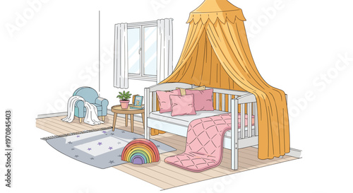 A detailed baby's room features a white crib with a yellow canopy, an armchair, and a window on a wooden floor with a rug.