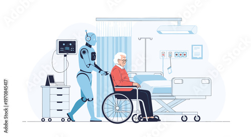 Futuristic medical robot assisting an elderly man in a wheelchair within a clinical hospital room equipped with advanced patient monitoring.