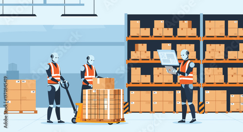 Modern automated warehouse facility where robotic workers efficiently move pallets, scan documents, and organize inventory on tall storage shelves.