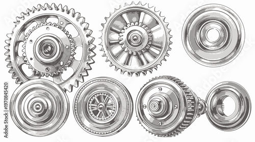 A grayscale illustration of mechanical parts including gears, flywheels, and circular components